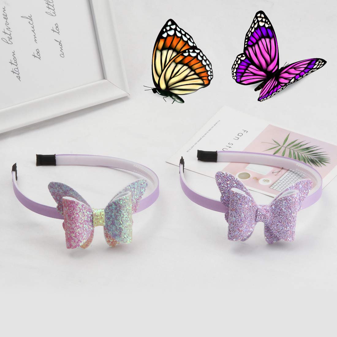 WANYU 10 Pcs Butterfly Bow Headabands For Girls,Glitter Hairbands 3 Inch Sequin Hairbow Rainbow Head Bands For Kids Toddler Girl Hair Accessories