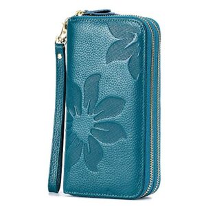 RFID Blocking Women’s Leather Wallet, Double Zipper Smartphone Pocket, Embossed Flower with Credit Card Holder, Cash Slots Large Capacity Clutch Wristlet (Teal Blue)