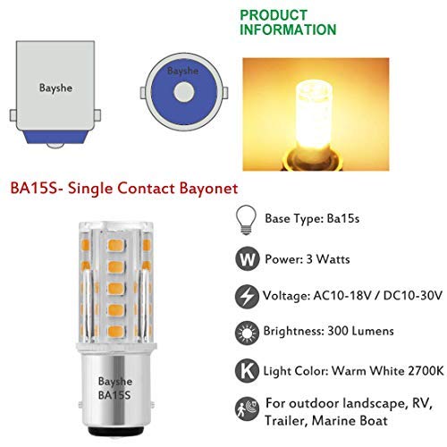 BAYSHE 3W 12V BA15S S8 SC Bayonet Single Contact Base 1156 1141 LED Light Bulb 2700K Warm White,Low voltage AC/DC 12volt Landscape Path Deck RV Camper Marine Boat Trailer Lighting-Pack of 5