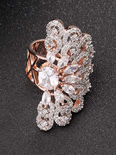 Priyaasi Sparkling American Diamond Ring for Women | Half-Flower Design | Rose Gold-Plated | Stylish Statement Cocktail Ring for Girlfriend & Wife | Size - 22