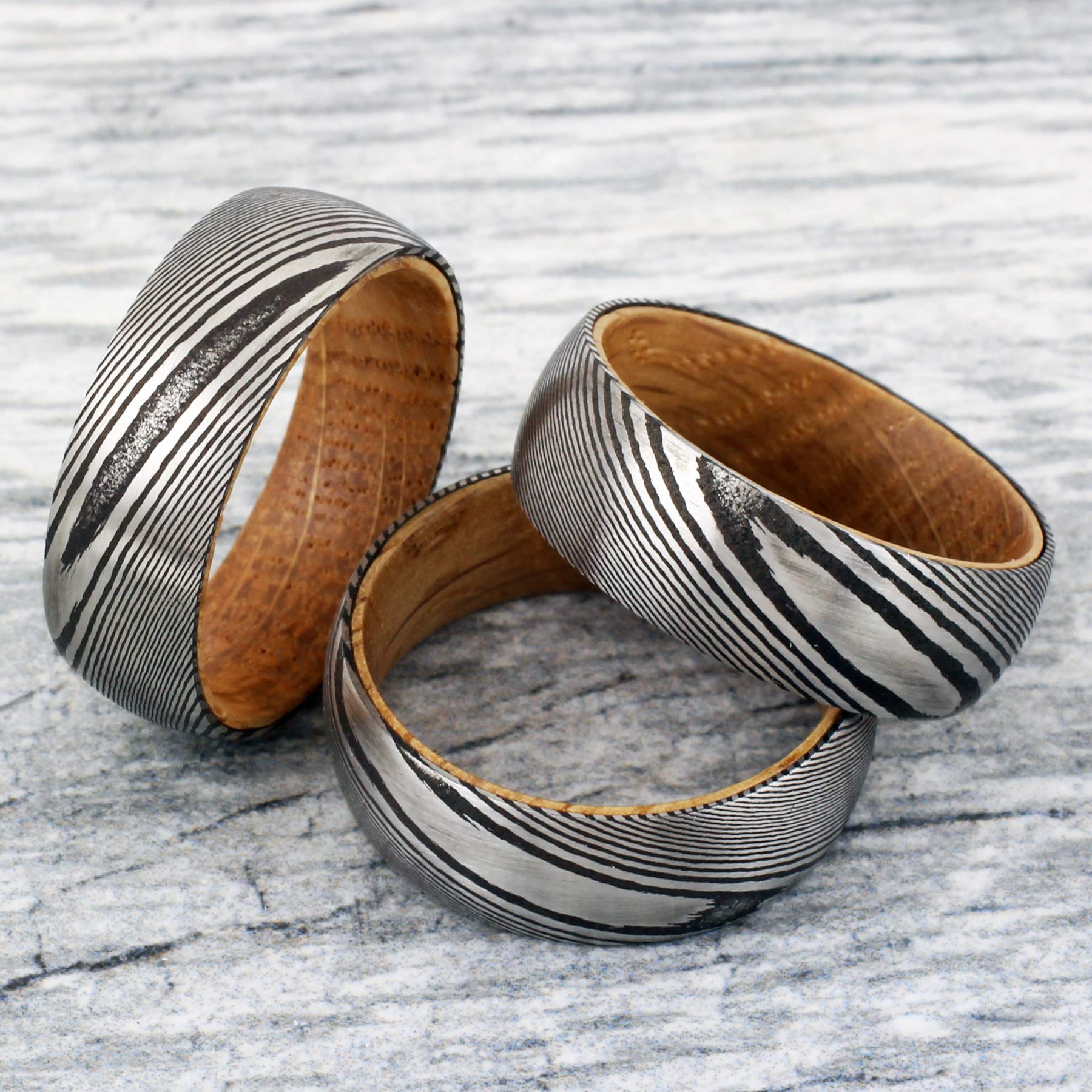 Gorgeous 8mm Damascus Steel Dome Band Ring with Wood Grain Finish and Whiskey Barrel Oak Wood Inner Band. (Stainless-Steel, 10.5)