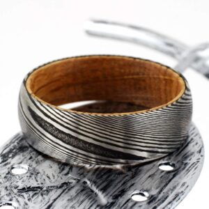 Gorgeous 8mm Damascus Steel Dome Band Ring with Wood Grain Finish and Whiskey Barrel Oak Wood Inner Band. (Stainless-Steel, 10.5)