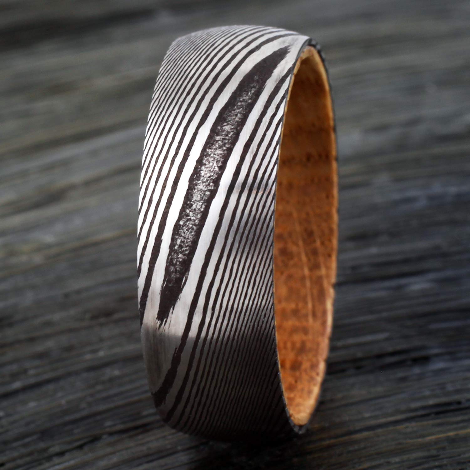 Gorgeous 8mm Damascus Steel Dome Band Ring with Wood Grain Finish and Whiskey Barrel Oak Wood Inner Band. (Stainless-Steel, 10.5)