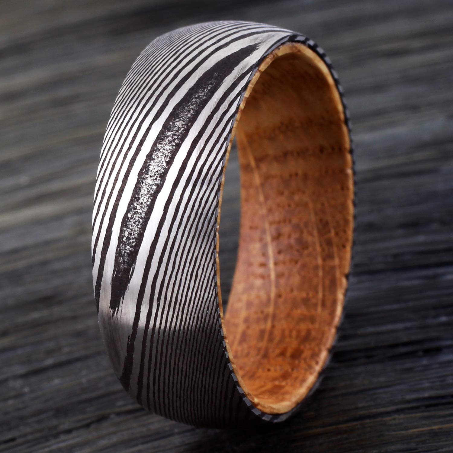 Gorgeous 8mm Damascus Steel Dome Band Ring with Wood Grain Finish and Whiskey Barrel Oak Wood Inner Band. (Stainless-Steel, 10.5)