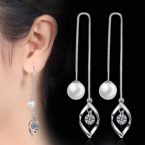 Elegant 925 Sterling Silver Threader Tassel Earrings Pearl Ball Drop Long Chain Earrings Wedding for Women