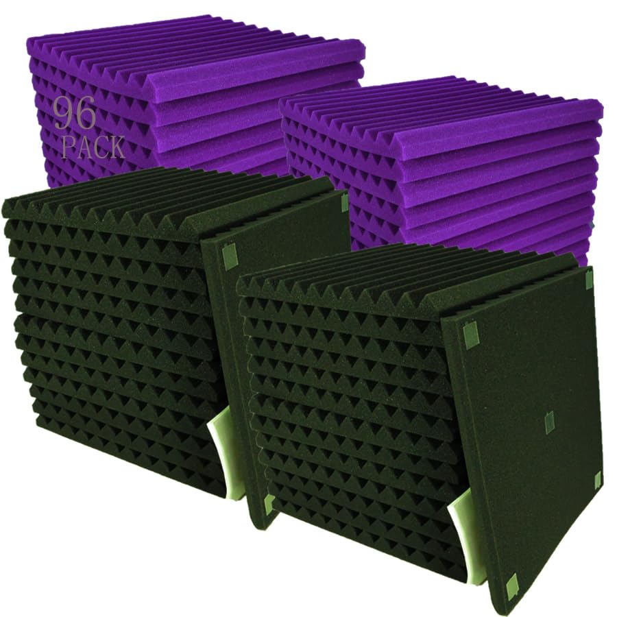 96 Pack Allxinlog Absorb the echo Acoustic Foam Panel Wedge Studio Soundproofing Wall Tiles 12" X 12" X 1" (48Purple+48Black)