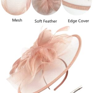 SAFERIN Fascinator Hair Clip Cocktail Hat Bowler Feather Flower Derby Kentucky Veil Wedding Party Hat Tea Fascinators (a-Skin Pink)