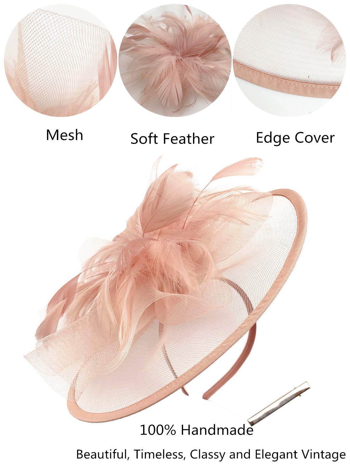 SAFERIN Fascinator Hair Clip Cocktail Hat Bowler Feather Flower Derby Kentucky Veil Wedding Party Hat Tea Fascinators (a-Skin Pink)