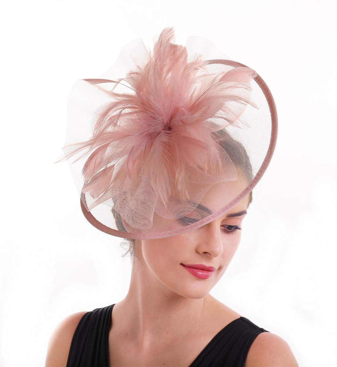 SAFERIN Fascinator Hair Clip Cocktail Hat Bowler Feather Flower Derby Kentucky Veil Wedding Party Hat Tea Fascinators (a-Skin Pink)