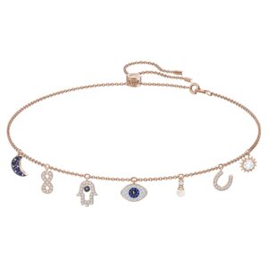 swarovski symbolica collection women's choker-style necklace, with seven blue and white crystal charms and rose-gold tone finished chain