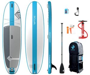 boardworks shubu riptide inflatable stand-up paddle board (isup) | sup package includes three piece paddle, carry bag and pump (sup) complete kit | 10’6”, blue/white/grey