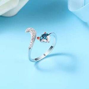 PLATO H Adjustable Sterling Silver Crystal Fox Head Ring for Women - High-Polished Fox Tail Funky Ring, Perfect for Anniversaries, Valentine's Day, and Birthday Gifts