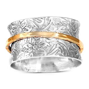 Boho-Magic 925 Sterling Silver Spinner Ring for Women with Brass Fidget Ring Flowers Band (10)