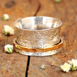 Boho-Magic 925 Sterling Silver Spinner Ring for Women with Brass Fidget Ring Flowers Band (10)