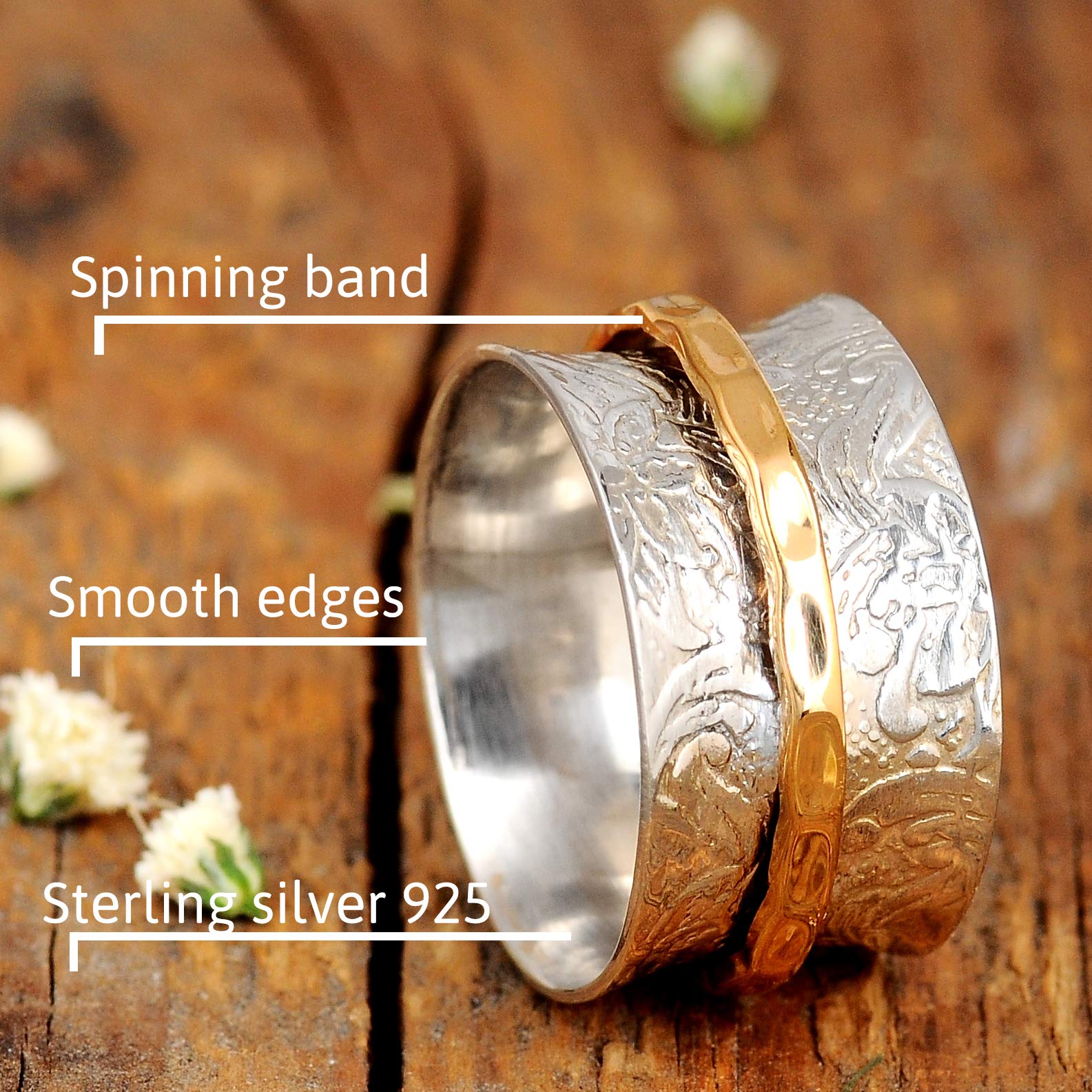 Boho-Magic 925 Sterling Silver Spinner Ring for Women with Brass Fidget Ring Flowers Band (10)