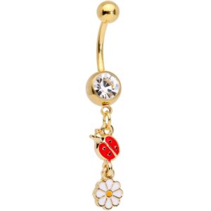 body candy 14g plated steel navel ring piercing clear accent flower lady bug dangle belly button ring