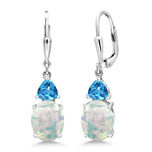 Gem Stone King 925 Sterling Silver White Simulated Opal and Swiss Blue Topaz Dangle Earrings For Women (4.56 Cttw, Gemstone October Birthstone, Oval Cabochon 10X8MM, Trillion 5MM)