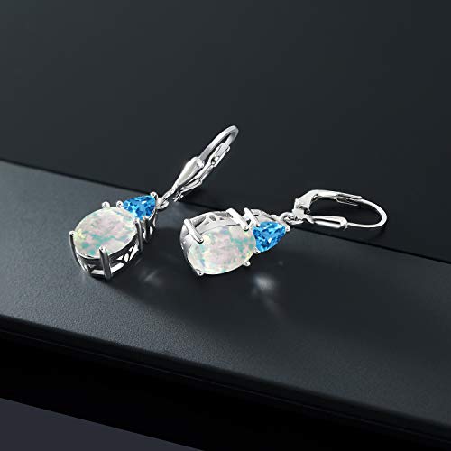 Gem Stone King 925 Sterling Silver White Simulated Opal and Swiss Blue Topaz Dangle Earrings For Women (4.56 Cttw, Gemstone October Birthstone, Oval Cabochon 10X8MM, Trillion 5MM)