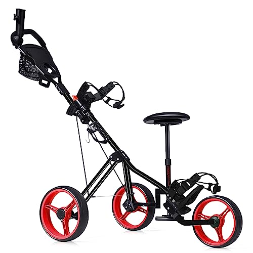 Tangkula Golf Push Cart with Seat, Lightweight Folding 3 Wheels Golf Pull Cart, Golf Trolley with Scoreboard Bag Foot Brake, Cup & Umbrella Holder, Height-Adjustable Handle, Golf Push Pull Cart