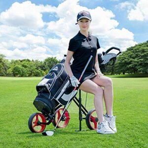 Tangkula Golf Push Cart with Seat, Lightweight Folding 3 Wheels Golf Pull Cart, Golf Trolley with Scoreboard Bag Foot Brake, Cup & Umbrella Holder, Height-Adjustable Handle, Golf Push Pull Cart