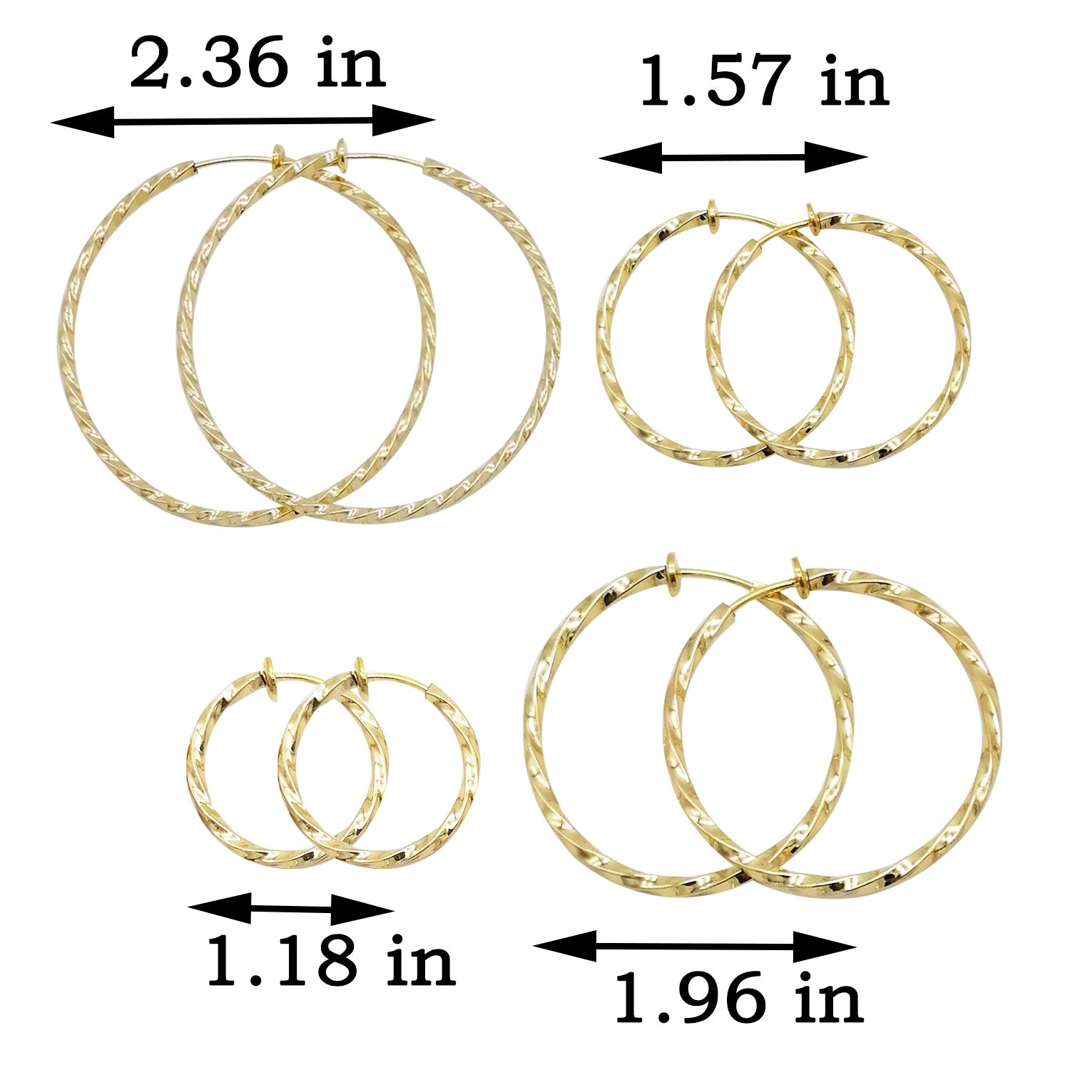 LAXPICOL Twisted Large Clip On Earrings Gold Tone 1.18IN/1.57IN/1.96IN/2.36IN 4PCS Hoop Earrings Clip On Earrings for Women No Piercing