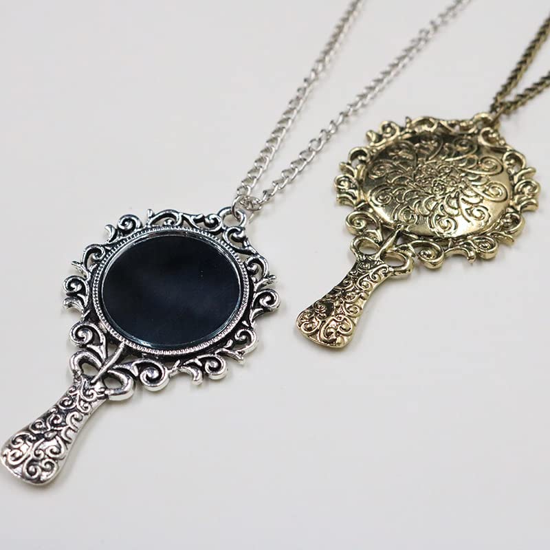 WLLAY Vintage Ancient Mirror Pendant Necklace For Women Jewelry Gift (A:antique silver)