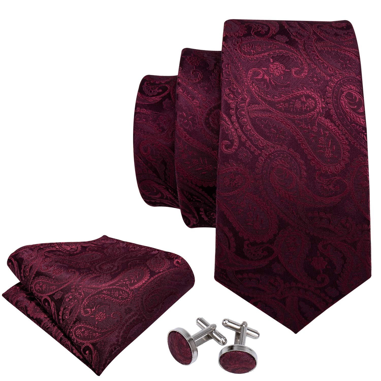 YOHOWA Men Tie Set Paisley Burgundy Silk Necktie Handkerchief Cufflinks Formal Business Wedding Party