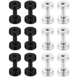 Ftovosyo 6 Pairs Surgical Steel Ear Gauges Screw Plugs Tunnel Earlobe Expander Stretcher Piercing Jewelry Kit for Women Men 12G 12 Gauge Silver-Tone Black