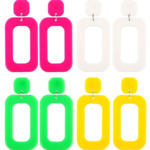 Boao 4 Pairs 70s 80s Neon Earrings Women Retro Earrings Vintage Minimalist Multicolor Geometric Square Hollow Drop Dangle Earrings for Party Costume 1980s Accessory