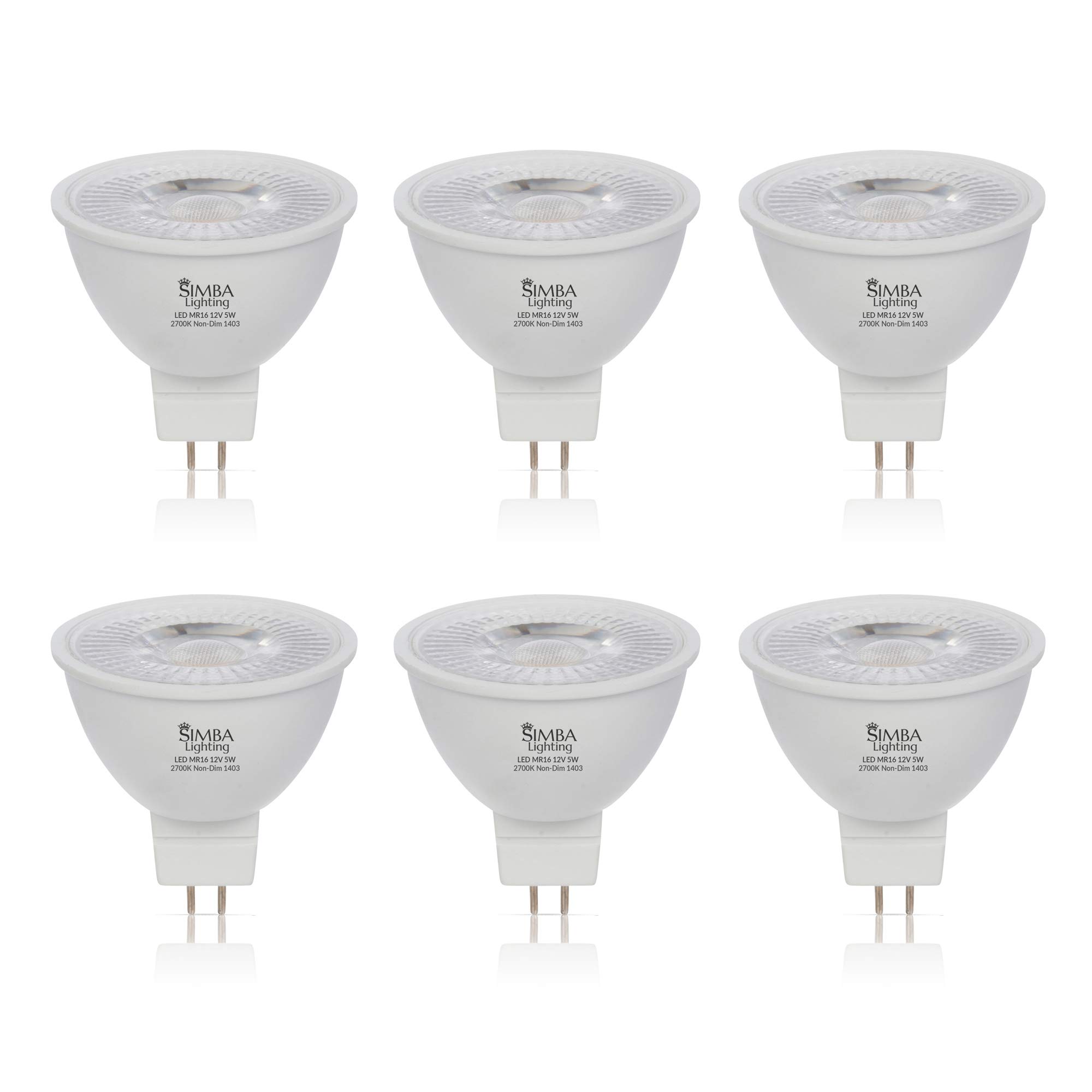 Simba Lighting LED MR16 5W 12V Light Bulb (6 Pack) 35W to 50W Halogen Spotlight Replacement for Landscape, Accent, Track Lights, Desk Lamps, FWM C EXN, GU5.3 Bipin Base, 2700K Warm White, Not Dimmable