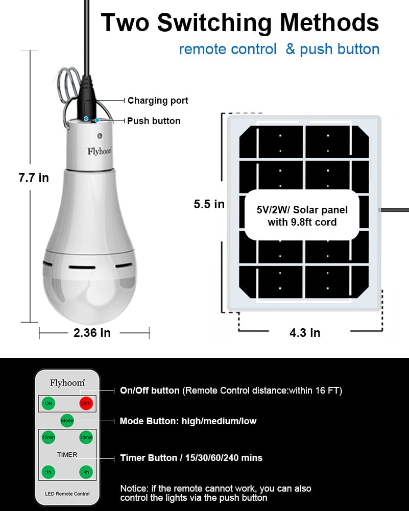 Flyhoom Portable Solar Light Bulbs with Remote, 4 Light Modes + Timer, 180LM Solar LED Light Bulbs for Indoor, Home, Chicken Coop, Camping, Hiking, Emergency (Pack of 2)