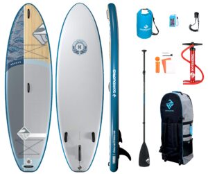 boardworks shubu kaken all-water/surf inflatable stand-up paddle board (isup) | sup package includes pump, three piece paddle and roller bag | 10’