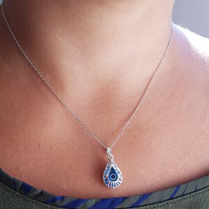 MYSTIC JEWELS By Dalia - 925 Sterling Silver Glass Evil Eye Drop Shape Filigree Pendant with Silver Chain