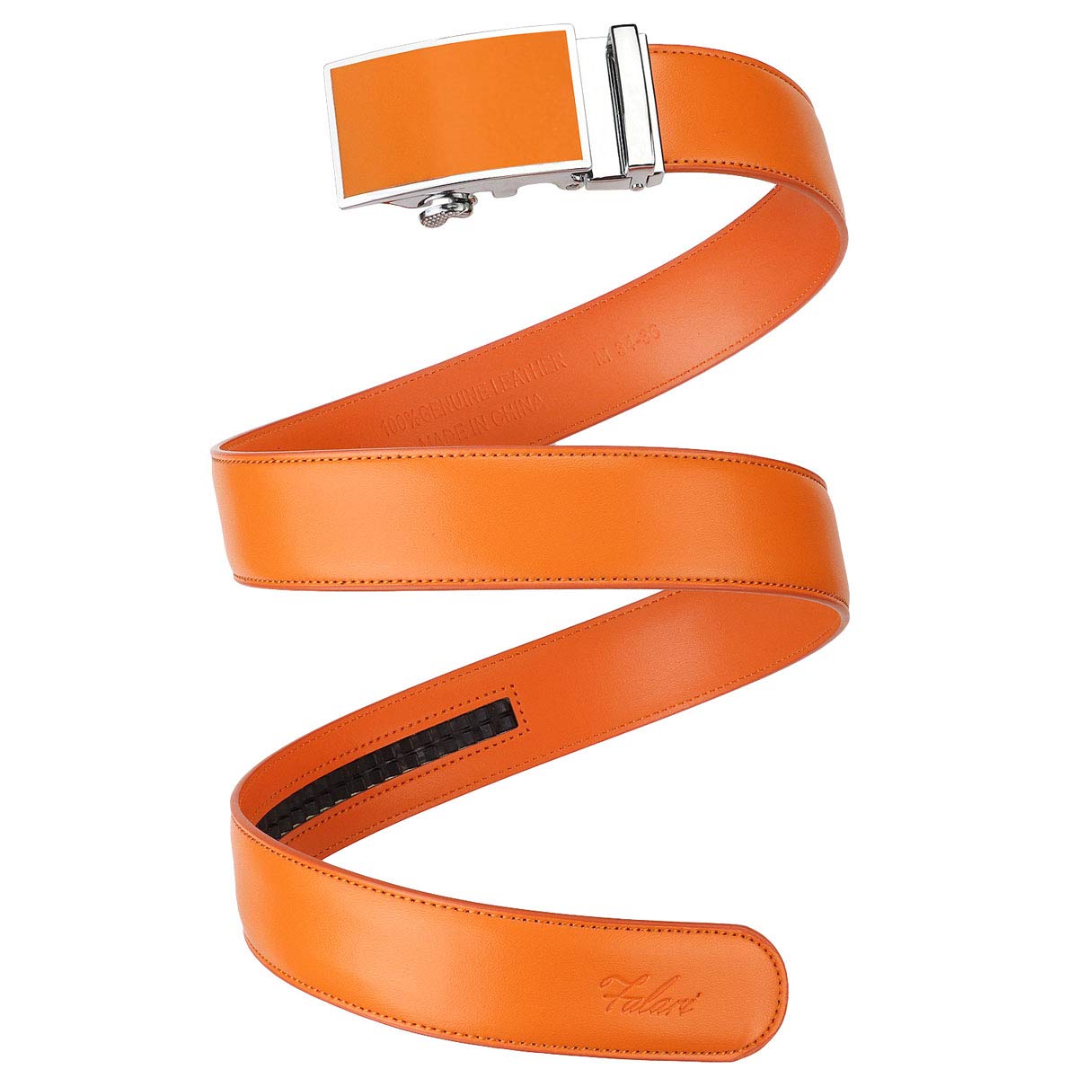 Falari Leather Dress Belt Ratchet Belt Holeless Automatic Buckle Adjustable Size 8001 (8801 Orange, Fit from 28 to 36")