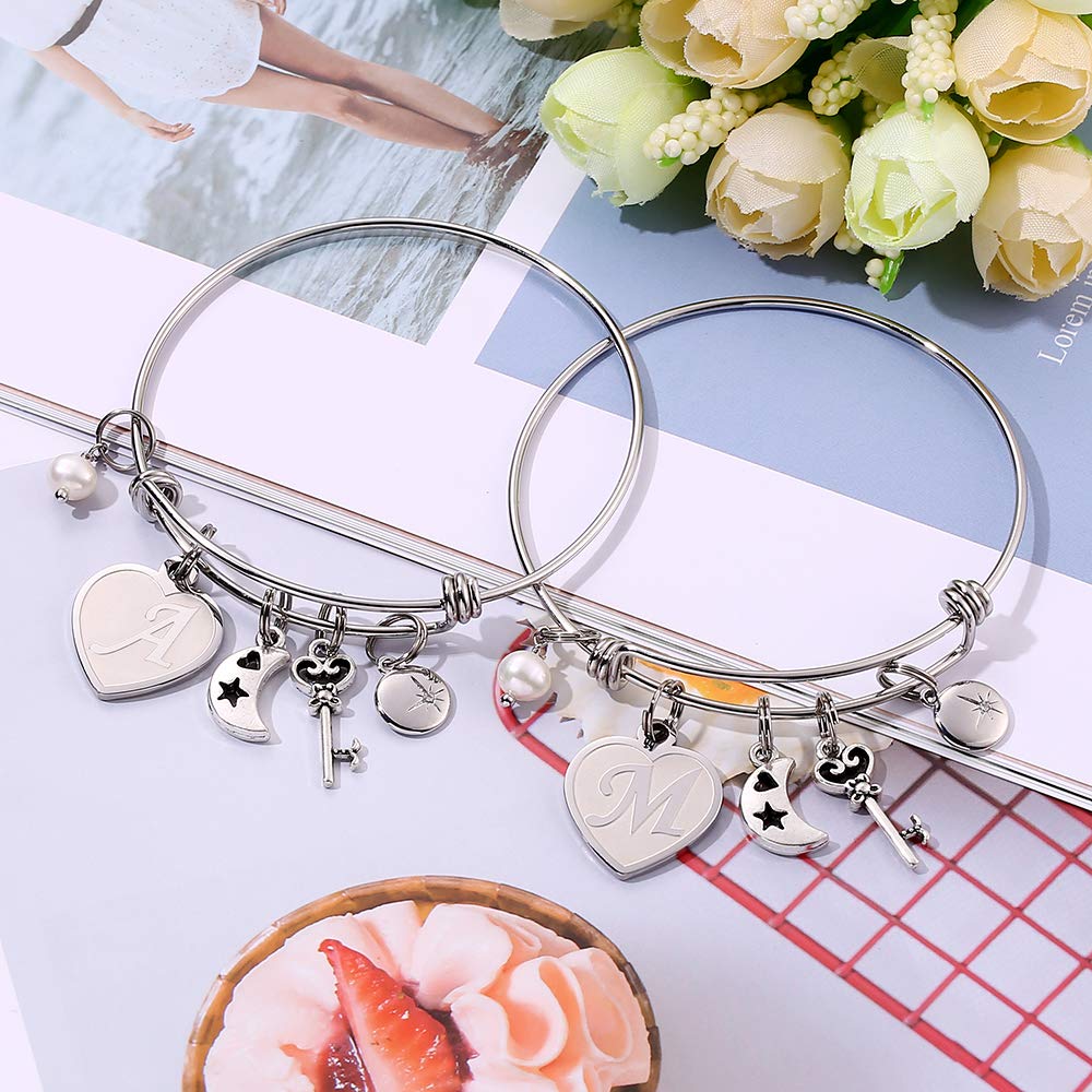 Heart Charm Bracelets For Women - Initial Charm Engraved Letter A Initial Bracelet Stainless Steel Expandable Charms Bangle Bracelets Birthday Jewelry Gifts for Women Teen Girls Bridesmaids Gifts