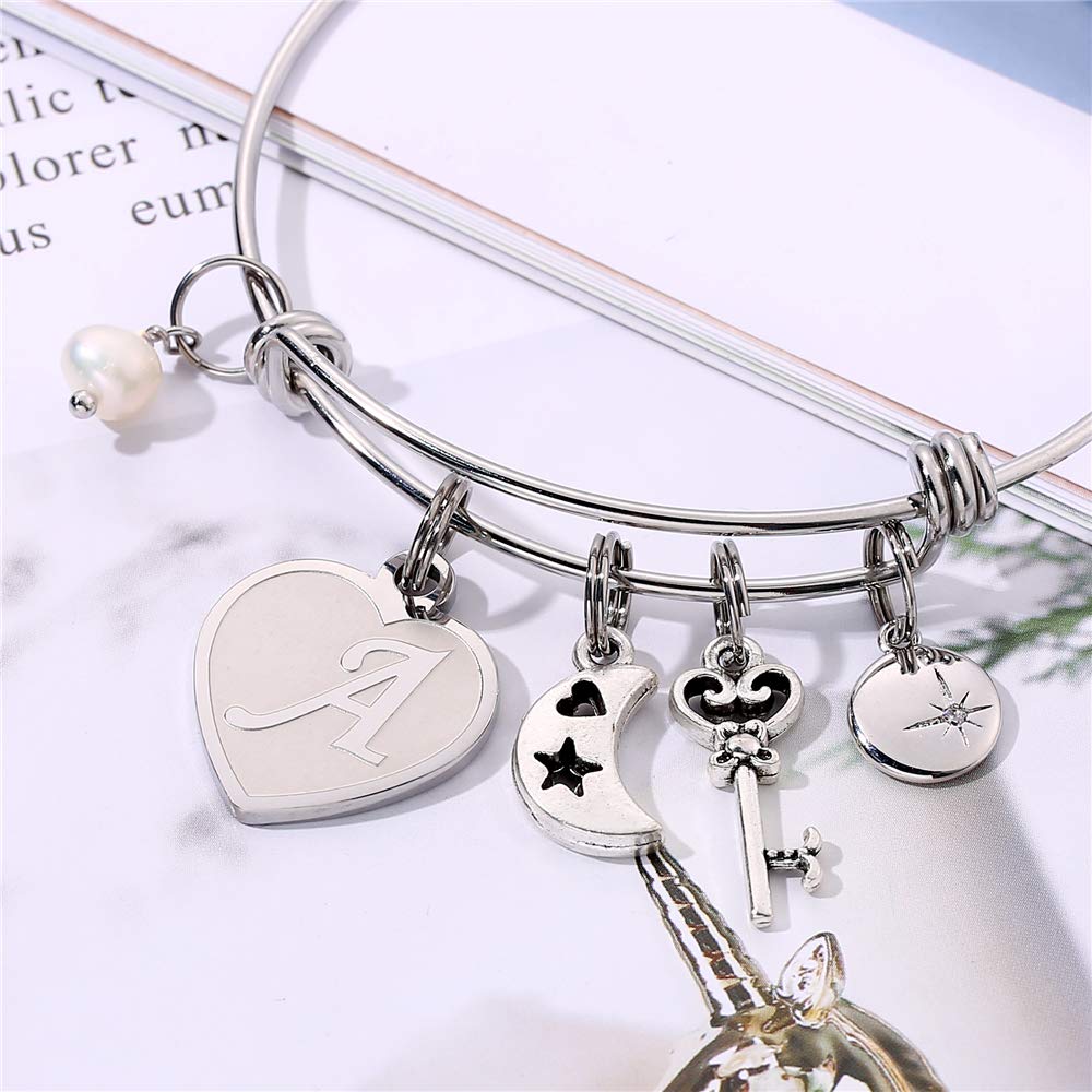 Heart Charm Bracelets For Women - Initial Charm Engraved Letter A Initial Bracelet Stainless Steel Expandable Charms Bangle Bracelets Birthday Jewelry Gifts for Women Teen Girls Bridesmaids Gifts