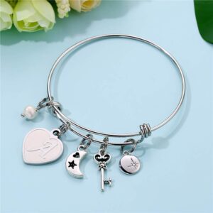 Heart Charm Bracelets For Women - Initial Charm Engraved Letter A Initial Bracelet Stainless Steel Expandable Charms Bangle Bracelets Birthday Jewelry Gifts for Women Teen Girls Bridesmaids Gifts