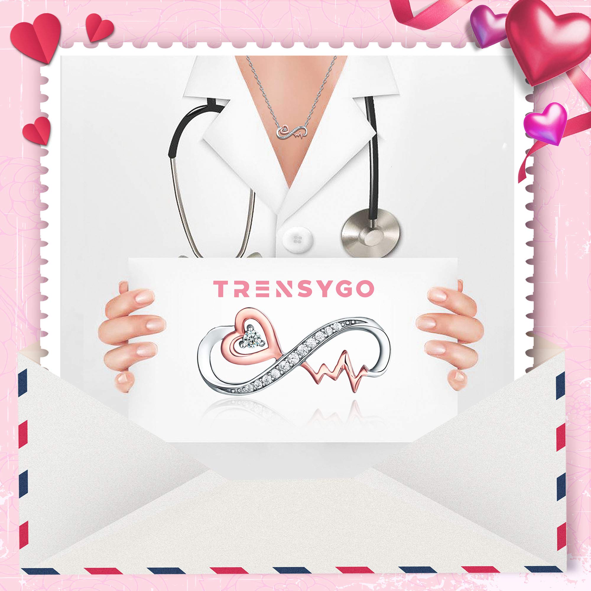 Forever Love Heart Rose Gold 925 Sterling Silver Rn Practitioner Nurse Infinity Heartbeat Pendant Necklaces for Women Nursing Graduation Jewelry Wife Girlfriend Valentine Mother Day Christmas Gifts