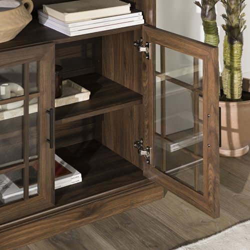 Walker Edison Classic Glass Door Universal TV Stand for TV's up to 64" Flat Screen Living Room Storage Cabinet Doors and Shelves Entertainment Center, 16"D x 58"W x 33"H, Dark Walnut