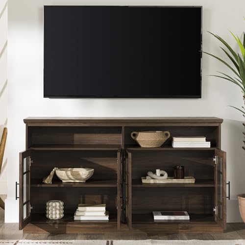 Walker Edison Classic Glass Door Universal TV Stand for TV's up to 64" Flat Screen Living Room Storage Cabinet Doors and Shelves Entertainment Center, 16"D x 58"W x 33"H, Dark Walnut