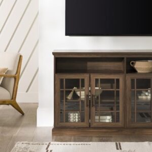 Walker Edison Classic Glass Door Universal TV Stand for TV's up to 64" Flat Screen Living Room Storage Cabinet Doors and Shelves Entertainment Center, 16"D x 58"W x 33"H, Dark Walnut