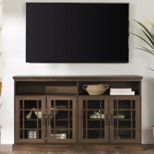 Walker Edison Classic Glass Door Universal TV Stand for TV's up to 64" Flat Screen Living Room Storage Cabinet Doors and Shelves Entertainment Center, 16"D x 58"W x 33"H, Dark Walnut