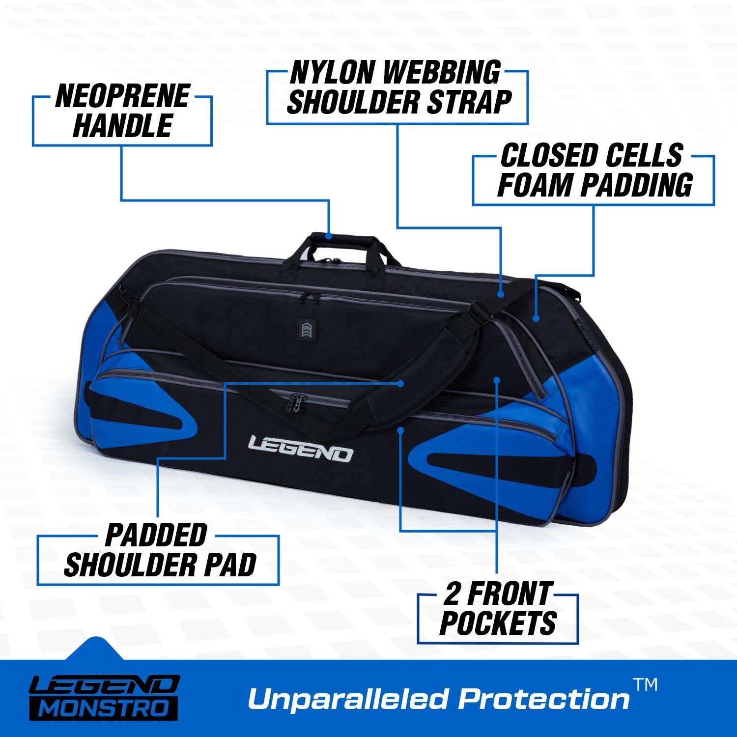 LEGEND Monstro Professional Soft Compound Bow Case - Travel Archery Case with Shoulder Strap, Foam Padding & Safe Storage for Archery Accessories -37" Arrow Tube Holder Pocket, 44" Interior-Black/Blue