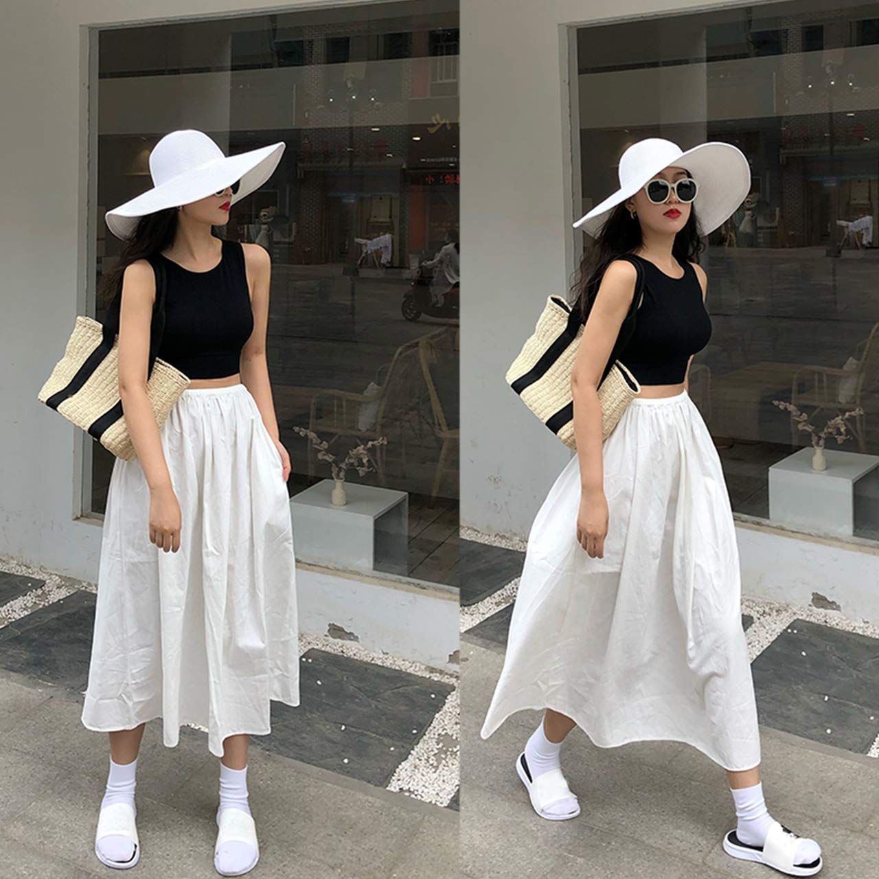 CHIC DIARY Women Summer Big Brim Beach Hat Floppy Straw Sun Hat Cap UPF 50+ (White)