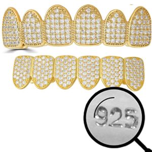 solid 925 sterling silver real grillz - 14k yellow gold plated - iced cz - custom top & bottom grills for teeth - real solid silver not brass