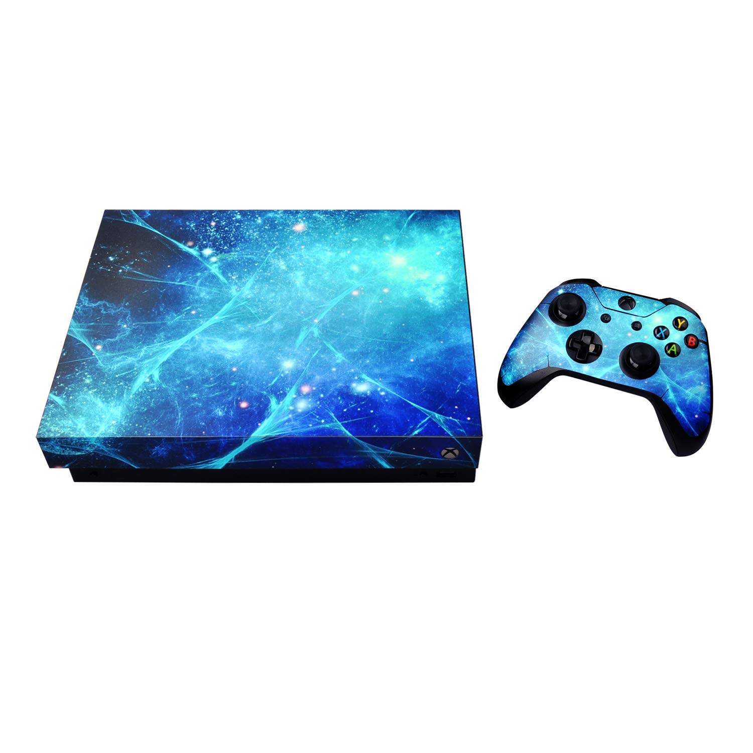 eXtremeRate Full Set Faceplates Skin Stickers for Xbox One X Console Controller with 2 Pcs Home Button Decals - Blue Galaxy