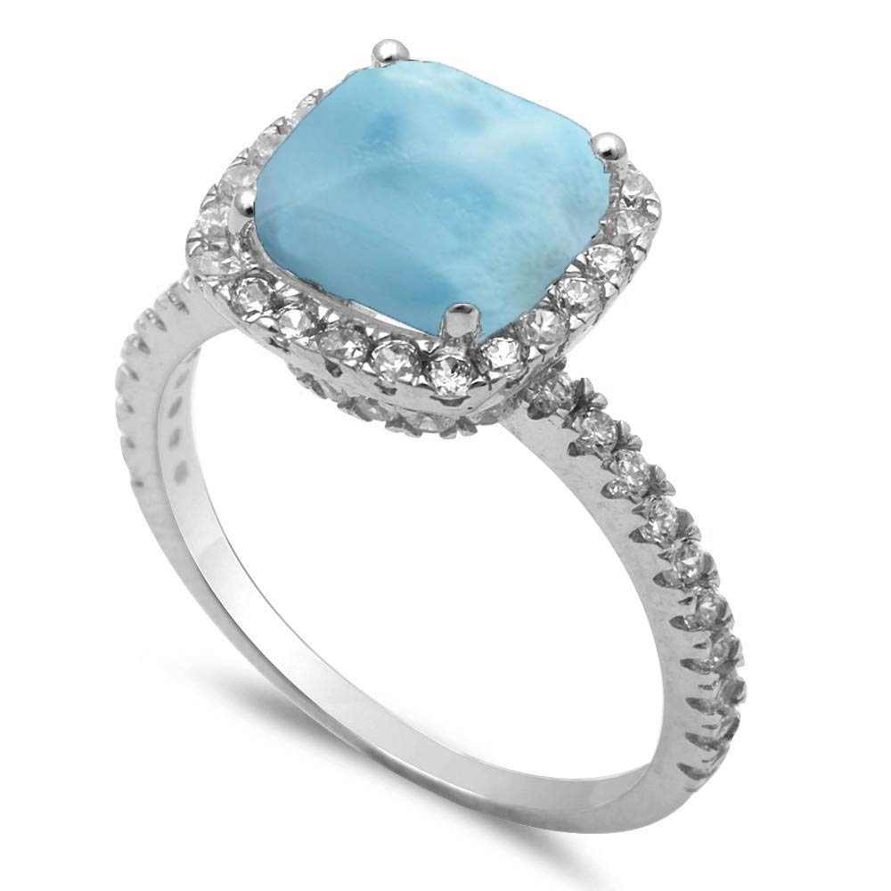 Oxford Diamond Co 3ct Cushion Natural Larimar & Cubic Zirconia .925 Sterling Silver Ring Sizes 5-10 (9)