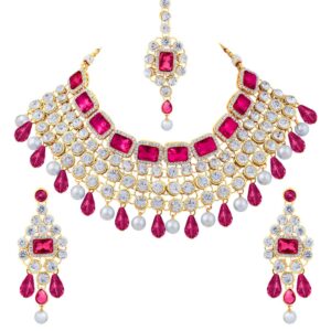 Aheli Kundan and Simulated Colored Stones Indian Ethnic Maang Tikka Necklace and Earrings Set Bollywood Festive Statement Jewelry for Women Girls