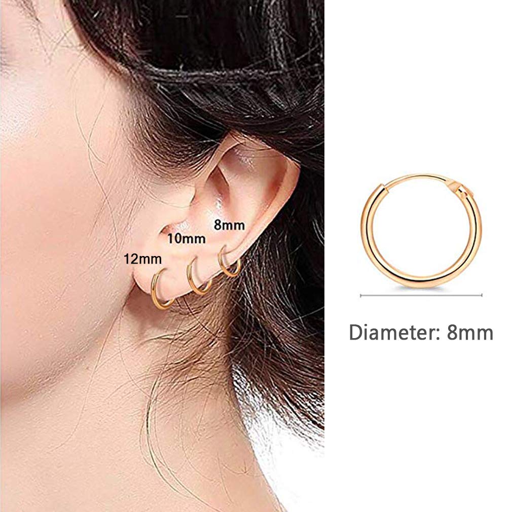 EPIRORA Silver Hoop Earrings- Cartilage Endless Small Hoop Earrings Set for Women Men, 3 Pairs of Hypoallergenic 925 Sterling Silver Tragus Earrings Nose Lip Rings (3 Pairs(8mm*3)-Gold)