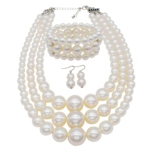 we imitation pearl necklace for women large chunky pearl necklaces multilayer pearl necklace and earring 1920s costume jewelry set (white pearl necklace set)